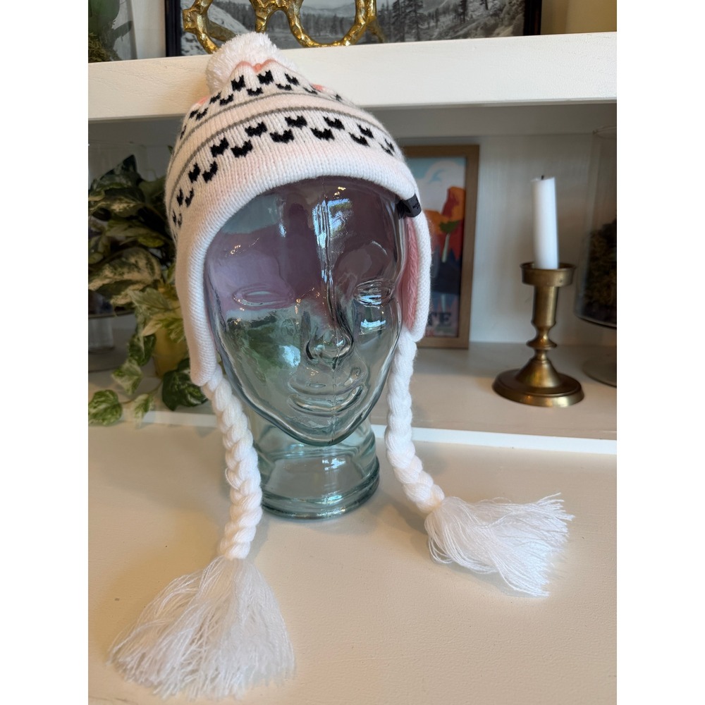 The North Face Youth Pink White Fair Isle Knit Trapper Beanie Hat Faux Fur Lined